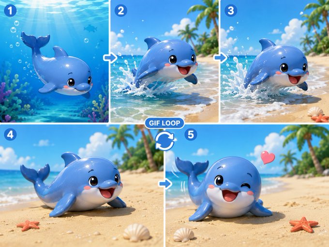 A five-panel sequence showing a cute blue cartoon dolphin leaping out of the water and landing on a sandy beach with palm trees, marked as a "GIF LOOP."