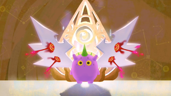 A purple axie with a green party hat and large white angelic wings is posed in front of an ornate golden backdrop, showcasing its multi-part collectible parts (wing, horn, tail) in response to the prompt asking users to share their multi-part axies.