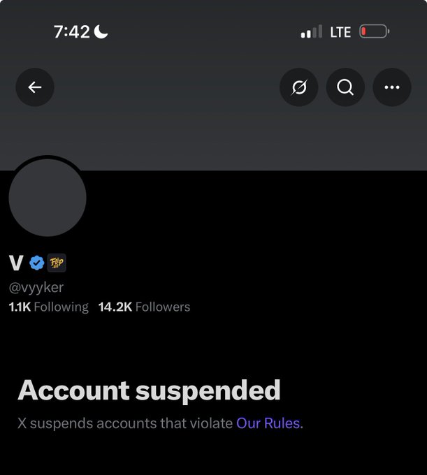 The image shows a suspended X (Twitter) account page for user @vyyker with 14.2K followers, displaying an "Account suspended" notice from X. The post "we met yesterday o" appears ironic or coincidental given the account has been suspended, possibly suggesting someone they met has now been banned.