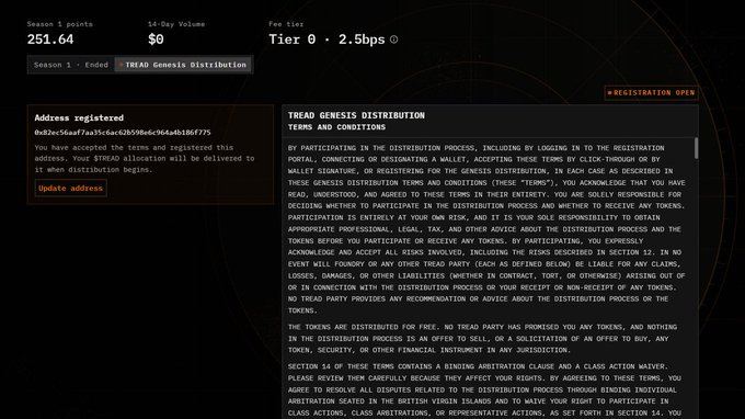 Screenshot of a TREAD Genesis Distribution page showing Season 1 with 251.64 points, $0 14-day volume, and Tier 0 fee tier at 2.5bps, alongside terms and conditions.