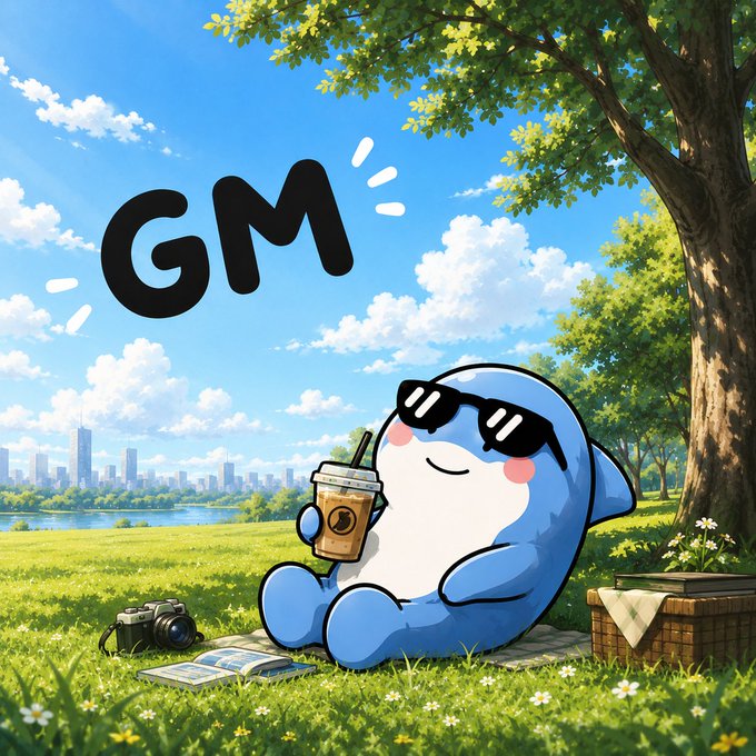 A cheerful anime-style illustration of a cute blue dolphin or whale-like creature wearing sunglasses and holding an iced coffee, relaxing on a picnic blanket under a tree with "GM" (Good Morning) text displayed.