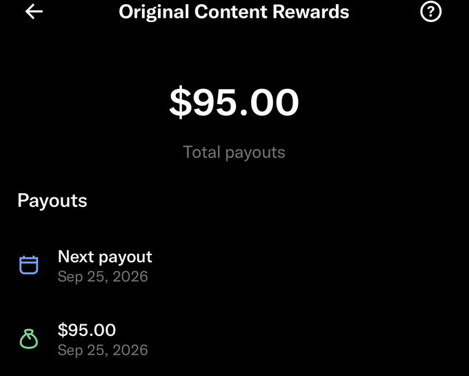 A screenshot of a YouTube Studio 'Original Content Rewards' page showing total payouts of $95.00, with a next payout scheduled for Sep 25, 2026.