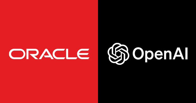 Split graphic showing the Oracle logo on a red background (left) and the OpenAI logo on a black background (right).