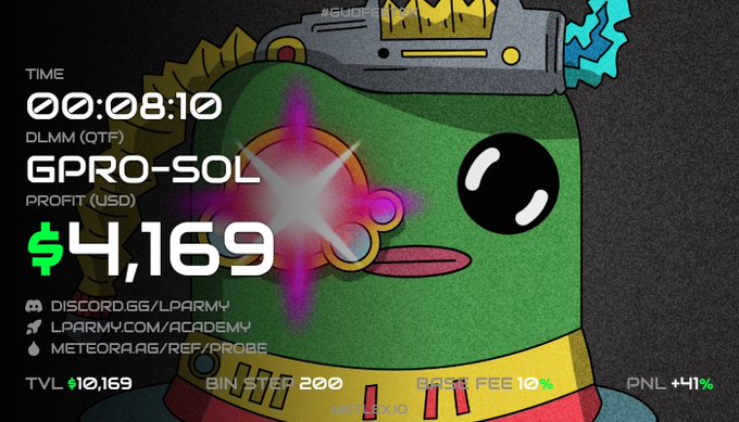 A graphic featuring a cartoon frog with a glowing star over one eye, displaying trading statistics including 'TIME 00:08:10', 'DLMM (QTF) GPRO-SOL', and 'PROFIT (USD) $4,169' along with links to Discord and Twitter.