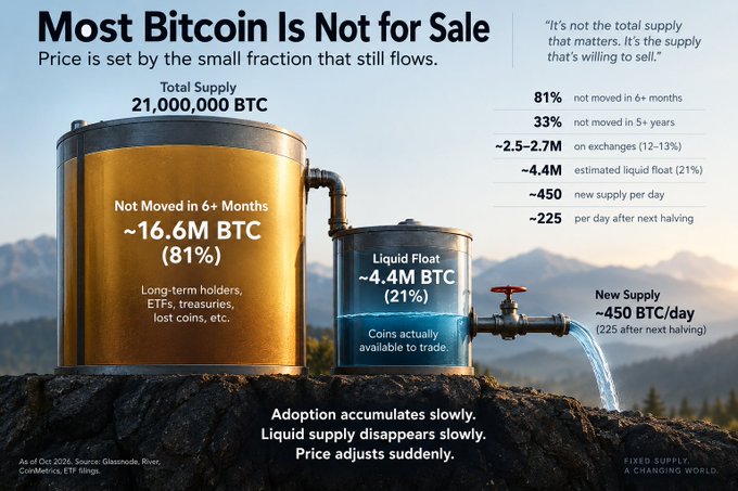 An infographic titled "Most Bitcoin Is Not for Sale" illustrates Bitcoin's liquidity using a faucet metaphor, showing that of the total supply of 21,000,000 BTC, approximately 16.6M (81%) hasn't moved in 6+ months, leaving only ~4.4M BTC (21%) as the liquid float actually available to trade, with new supply at ~450 BTC/day. The visual reinforces the accompanying post's point that BTC's price is dictated by the small fraction of coins actually for sale, not the 20M+ sitting in long-term holdings.