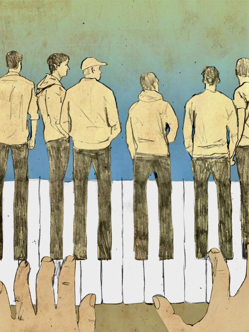 The illustration depicts six figures viewed from behind, standing together with hands in their pockets, while a pair of hands in the foreground plays a piano keyboard—suggesting that music is what unites this group of "Piano Friends." The artistic style and color palette evoke a sense of camaraderie and shared experience, tying the musical theme of the post to the visual metaphor of companionship through music.