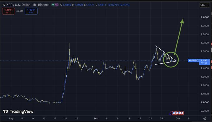 A 1-hour XRP/USD candlestick chart on TradingView showing price action around $1.48, with a pennant/flag breakout pattern (circled in green) suggesting a bullish continuation and a large green arrow pointing upward toward $2.0000. The annotation supports the post's bullish sentiment that XRP's price is poised for a significant rally.