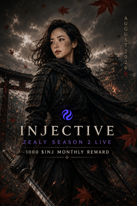 Promotional poster for 'INJECTIVE ZEALY SEASON 2 LIVE' offering '1000 $INJ MONTHLY REWARD', dated August 2026, featuring a warrior woman with a sword.