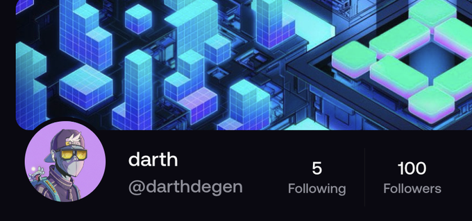 A social media profile for 'darth' (@darthdegen) with an anime avatar, showing 5 Following and 100 Followers against a blue 3D cityscape background.