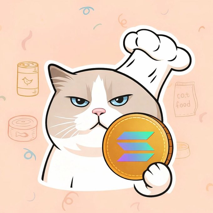 A cartoon cat with blue eyes wearing a chef's hat and holding a gold Solana (SOL) cryptocurrency coin, surrounded by cat food cans and a 'cat food' bag on a peach background.