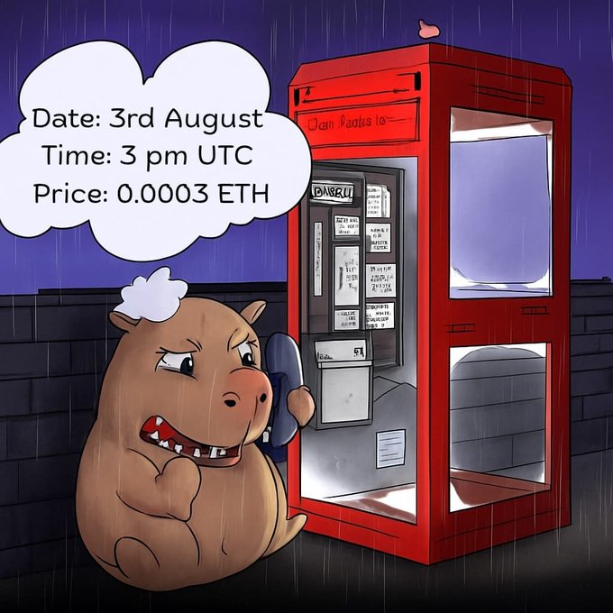 A cartoon illustration of a sad capybara in the rain using a payphone, with a thought bubble showing 'Date: 3rd August, Time: 3 pm UTC, Price: 0.0003 ETH'.