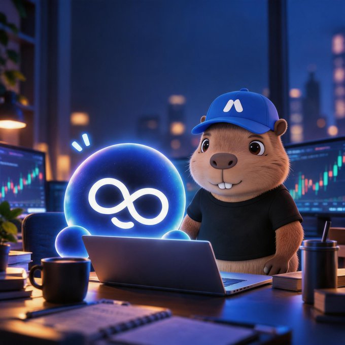 An animated image of a beaver character wearing a blue cap with a white 'N' logo, sitting at a desk with a laptop and financial trading charts on screens behind it. A glowing blue orb with an infinity symbol floats beside the beaver.