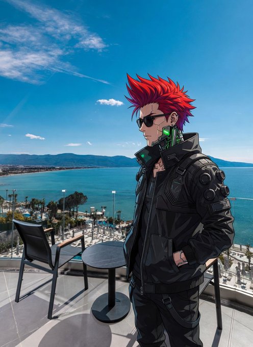 The image features a man with red hair wearing sunglasses, standing near a table and chairs outside. The man appears to be dressed for an outdoor event or gathering, possibly at a poolside location. There are two chairs and a dining table visible in the scene. A caption below the image reads "New day, new River Pts Smart ones are already stacking River Points in @RiverdotInc for $RIVER rewards. satUSD yield + vaults + omnichain moves = serious farming across chains. No bridges. Full control. Real utility. Connect wallet. Farm those pts." This caption suggests that the man is attending an event where he can enjoy a meal or socialize with others while appreciating the beautiful surroundings, such as the ocean and mountains in the background.