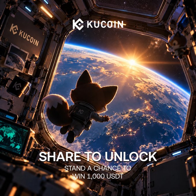A KuCoin mascot in a spacesuit floats inside a space station window overlooking Earth, with the "KUCOIN" logo at the top and a "SHARE TO UNLOCK - STAND A CHANCE TO WIN 1,000 USDT" banner at the bottom, matching the post's call-to-action campaign inviting users to share their KuKu badge for a chance to win 1000 USDT.