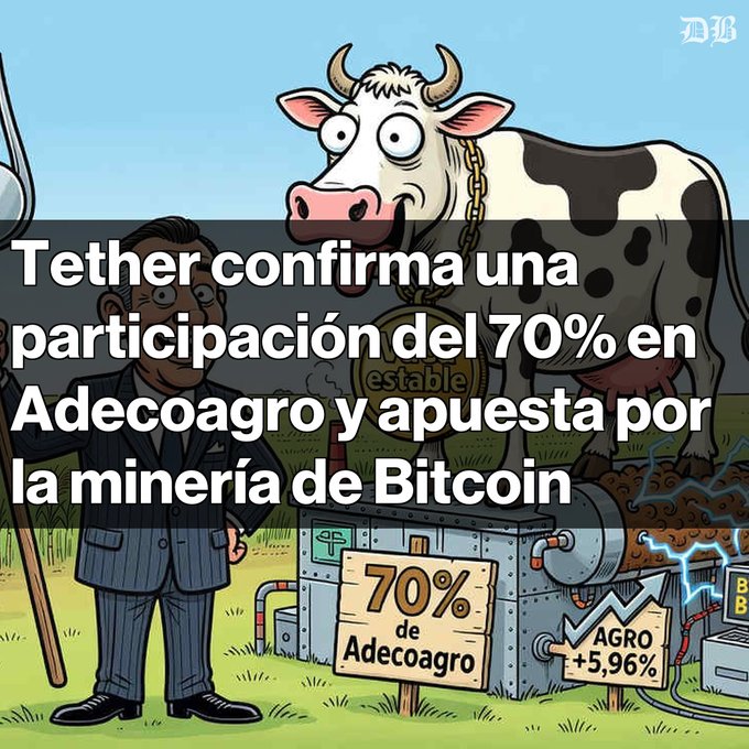 A cartoon illustration with Spanish text reading 'Tether confirma una participación del 70% en Adecoagro y apuesta por la minería de Bitcoin', showing a businessman next to a cow and Bitcoin mining equipment labeled '70% de Adecoagro' and 'AGRO +5,96%'.