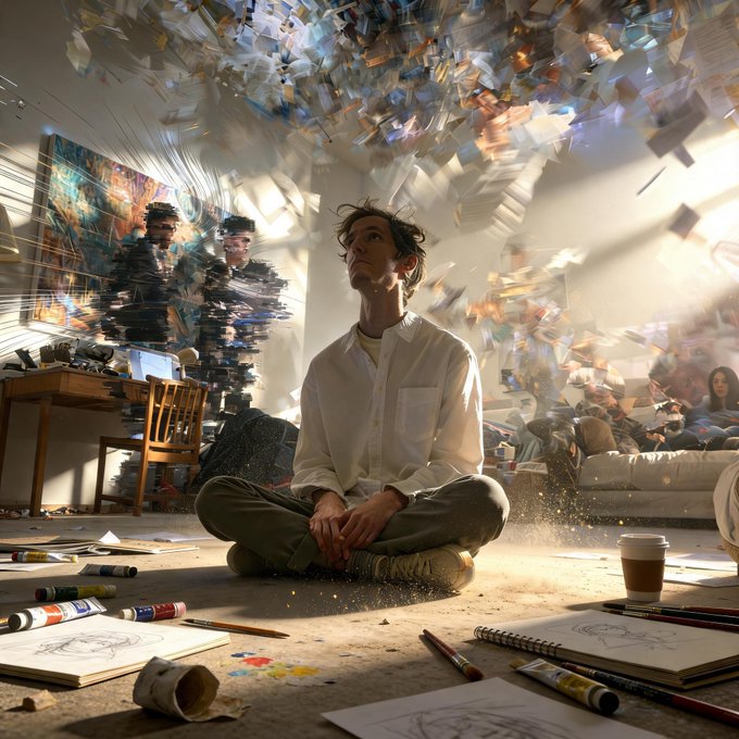The image shows a man sitting cross-legged on the floor with his eyes closed, surrounded by various art supplies such as paintbrushes, pencils, and markers scattered around him. The scene appears to be set in an art studio or a creative workspace where the artist is likely working on a project.