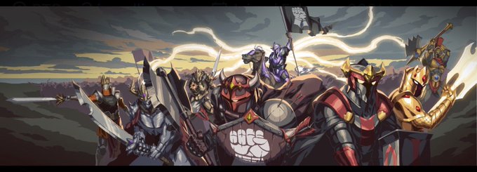 A pixel art illustration of a group of armored knights and warriors in various colors of armor (silver, red, gold) standing together on a battlefield, wielding swords and shields under a dramatic, stormy sky.
