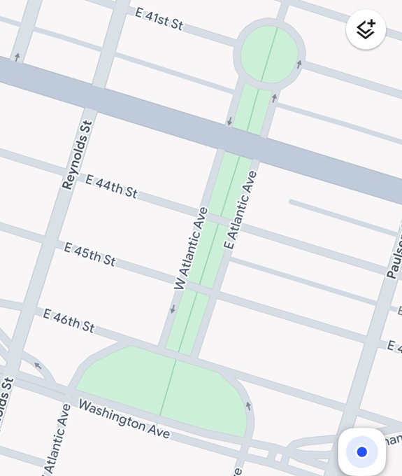 A digital map showing streets including E 41st St, E 44th St, E 45th St, E 46th St, Reynolds St, E Atlantic Ave, W Atlantic Ave, Washington Ave, and Atlantic Ave, with a green park area and a blue waterway.