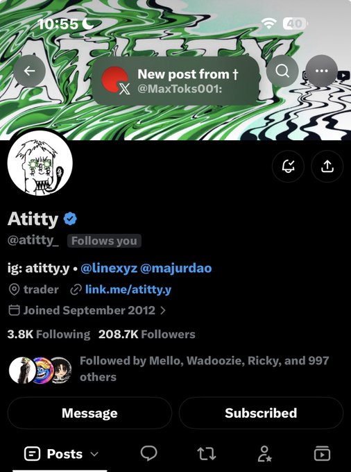 An X (Twitter) profile page for 'Atitty' (@atitty_) with 208.7K followers, displaying a notification 'New post from @MaxToks001'.