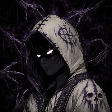 A dark, ominous hooded figure with glowing white eyes and stitched skull motifs stands against a shadowy, root-like background, evoking the eerie aesthetic of the "Haunting Hoods" NFT collection featured in the giveaway.