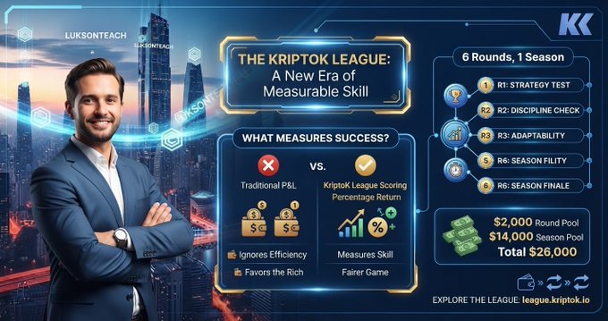 The image is a promotional infographic for "The Kriptok League: A New Era of Measurable Skill" featuring "LukSonTeach," highlighting its 6-round, 1-season structure (Strategy Test, Discipline Check, Adaptability, Season Filty, Season Finale) and contrasting its $2,000 round pool with traditional PBL scoring methods to argue it rewards skill and efficiency over starting capital, aligning with the post's critique that typical trading competitions unfairly favor the wealthy.