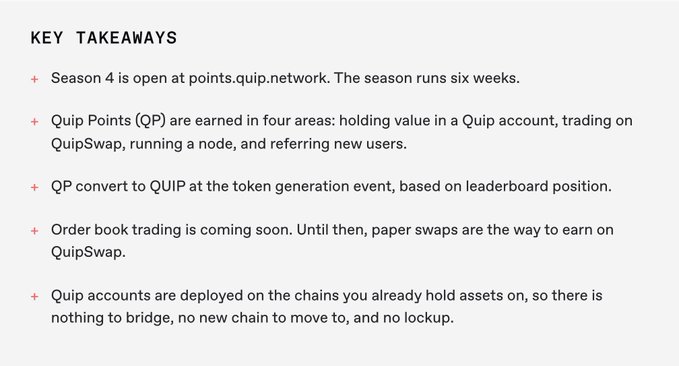A 'KEY TAKEAWAYS' text slide summarizing Season 4 of Quip, explaining that Quip Points (QP) are earned through holding, trading, running a node, and referrals, and convert to QUIP tokens based on leaderboard position.