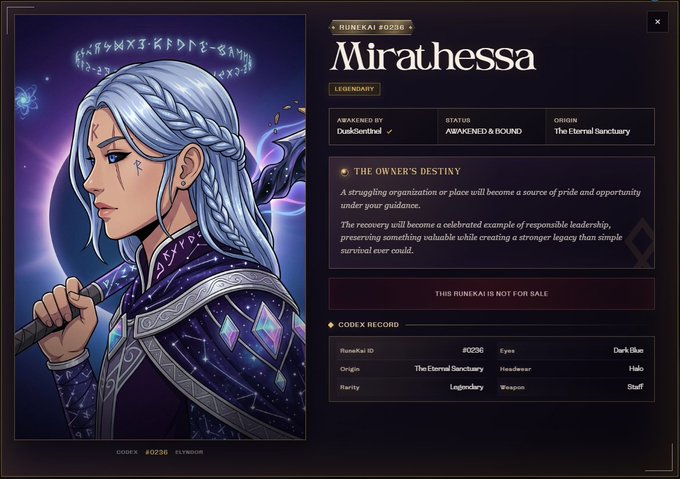 A digital NFT-style illustration displays a silver-haired character named 'Mirathessa' from 'The Eternal Sanctuary,' noted as a Legendary rarity and Not For Sale.