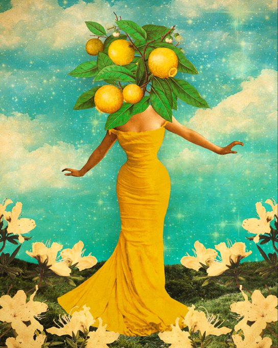 The image features a woman wearing a yellow dress with an orange fruit growing out of her head, surrounded by flowers. The background includes a blue sky and white clouds. The post appears to be about a specific date or event, as indicated by the caption "It must be Tuesday @objktcom #tezostuesday Lemon Tree objkt.com/tokens/hicetnu ...".