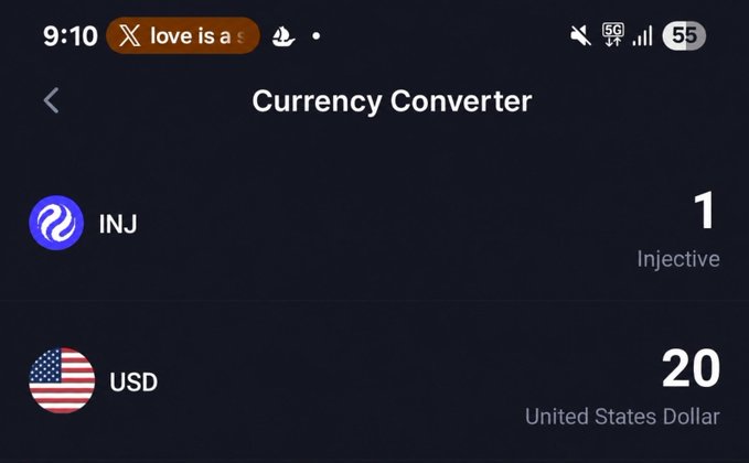 A mobile screenshot of a Currency Converter app shows 1 INJ (Injective) equivalent to 20 USD (United States Dollar).