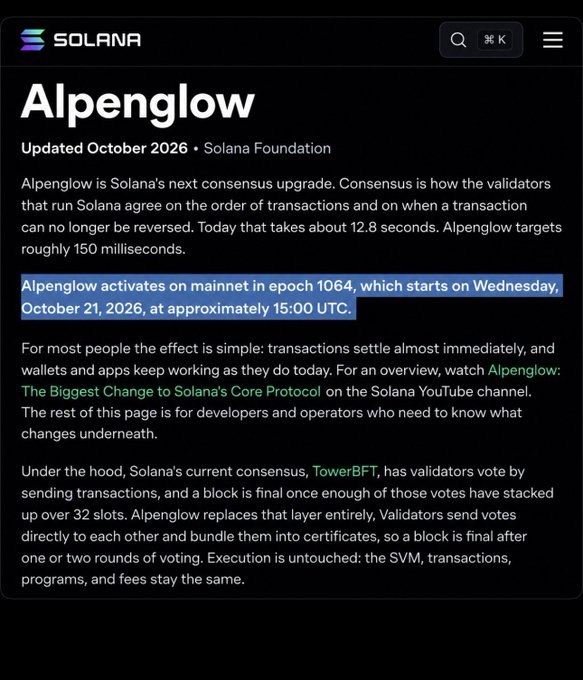 The image shows a Solana Foundation page announcing Alpenglow, described as "Solana's next consensus upgrade," with mainnet activation scheduled for October 21, 2026 at approximately 15:00 UTC in epoch 1064. The page highlights the upgrade's goal of reducing transaction finality to roughly 150 milliseconds from the current 12.8 seconds, aligning with the post's emphasis on Alpenglow being Solana's biggest consensus upgrade and its potential to make $SOL one of the fastest blockchain networks for finality.