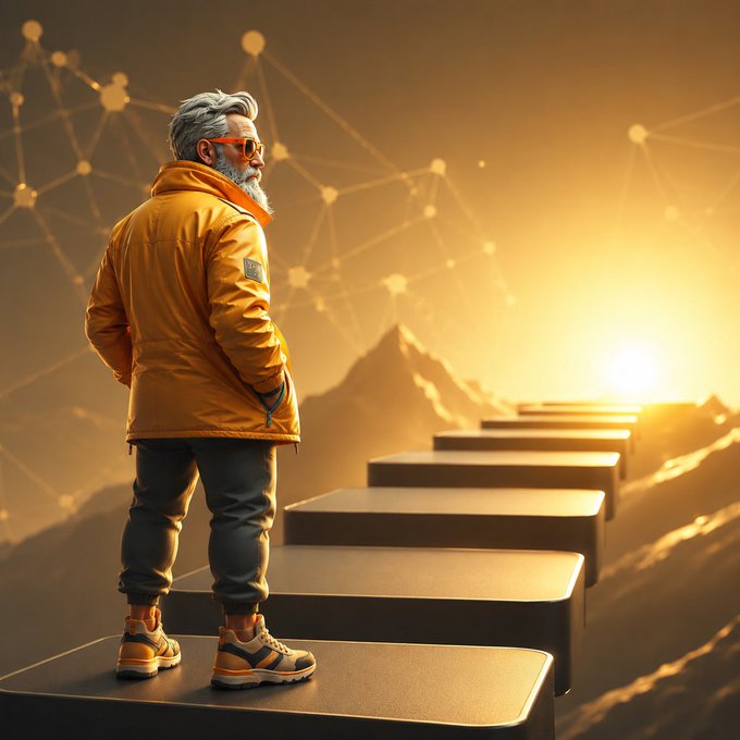 A 3D-rendered illustration of a grey-bearded man in a yellow jacket and orange sunglasses standing on a floating platform, looking toward a glowing sunset over mountains with a network-like sky.
