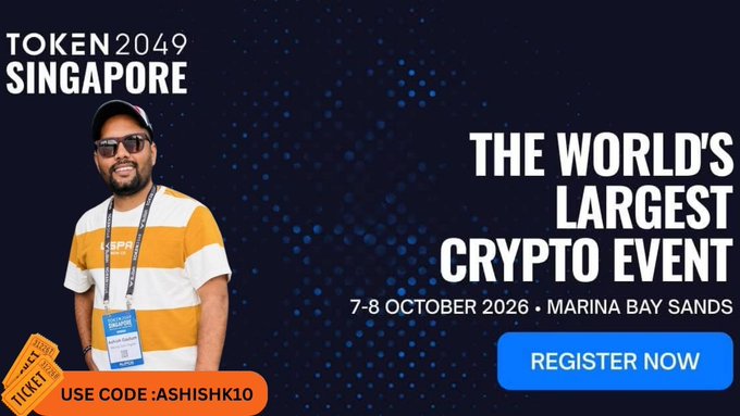 A promotional graphic for "TOKEN2049 SINGAPORE," billed as "THE WORLD'S LARGEST CRYPTO EVENT" on 7-8 October 2026 at Marina Bay Sands, featuring a man in a striped shirt with a discount code "ASHISHK10."