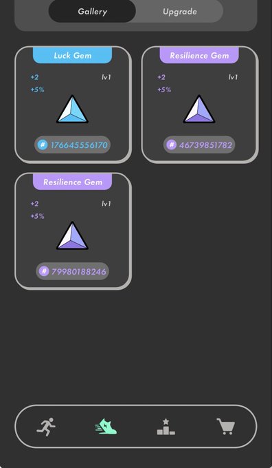 Mobile game interface showing a 'Gallery' tab with three gem items labeled 'Luck Gem' and 'Resilience Gem' at level 1 with stat bonuses and long numeric values, plus a bottom navigation bar.