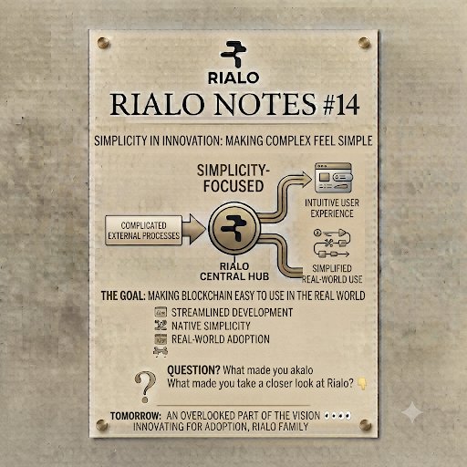 A poster titled "RIALD NOTES #14" displayed on a wall, discussing "SIMPLICITY IN INNOVATION: MAKING COMPLEX FEEL SIMPLE" with a central RIALO hub diagram and mentions of streamlined development, native simplicity, and real-world adoption.