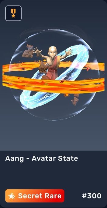 A digital collectible card displays Aang from Avatar: The Last Airbender in his Avatar State, surrounded by swirling water and fire elements within a translucent sphere, labeled as "Secret Rare" and numbered "#300" — which matches the poster's excitement over securing mint #300 of the rare collectible.
