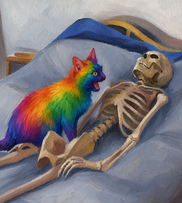 A painting depicts a brightly colored rainbow cat with an open mouth sitting next to a human skeleton resting on a blue bed sheet.