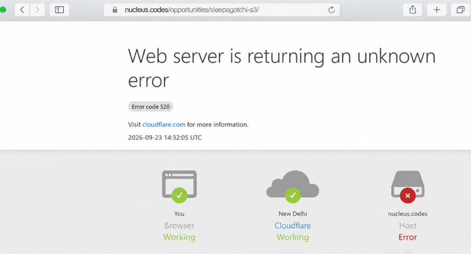 A Cloudflare error page displaying 'Web server is returning an unknown error' with Error code 520 for nucleus.codes, showing the host marked with an error while the browser and Cloudflare are working.