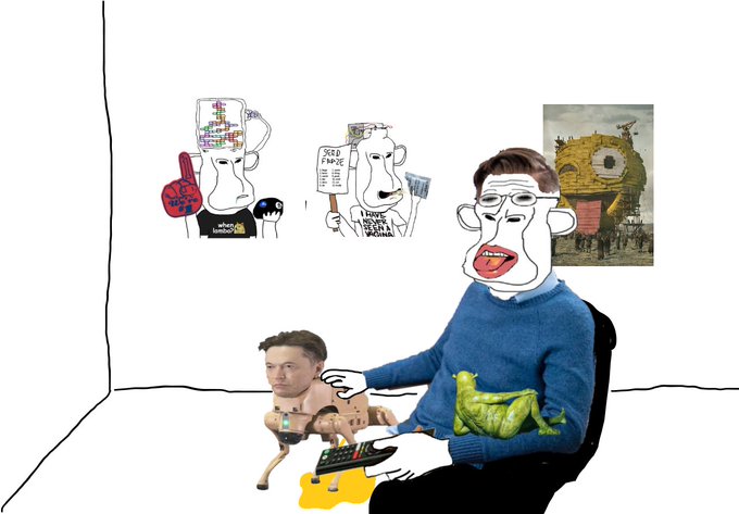 The image shows a "Wojak" meme depicting Elon Musk as the central "soyjak" figure sitting on a chair with a small Pepe-like Elon on his lap, set in a room decorated with other "soyjak" NFTs including one labeled "crossroad" by Beeple, satirizing the rumor that Beeple right-clicked and saved Wojak memes for his NFT artwork. The composition humorously contrasts the high-priced NFT world with the "right-click save" culture of Wojak/Pepe meme art.