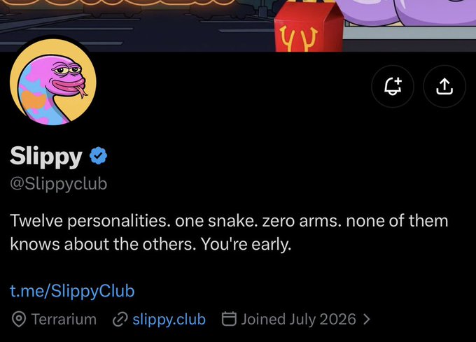 A Twitter profile page for @Slippyclub, verified, displaying a pink snake avatar, the bio "Twelve personalities. one snake. zero arms. none of them knows about the others. You're early." and links to t.me/SlippyClub, Terrarium, and slippy.club, while the accompanying post promotes the project's NFT collection launch on Robinhood and its $SLIPPY token, with art by @LiViXi3 (original Pudgy artist).