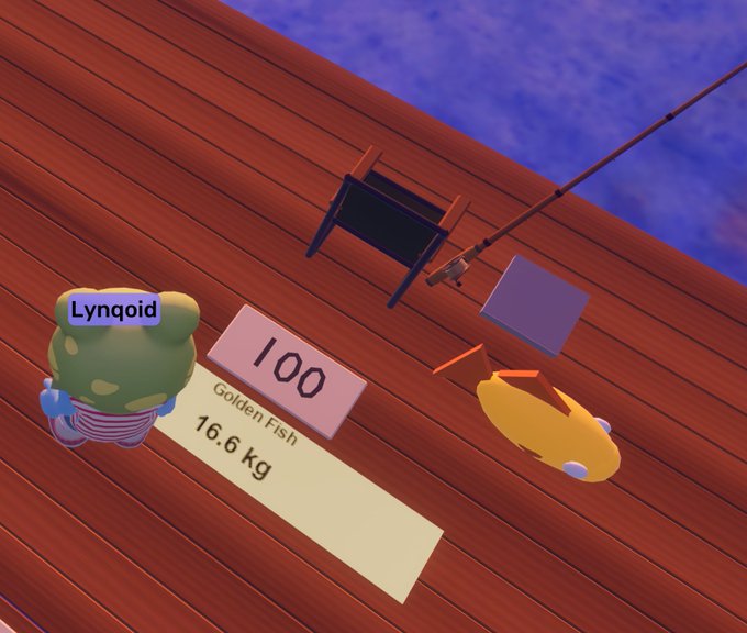 A video game screenshot shows a green character labeled 'Lynqoid' standing on a wooden dock next to a pink sign reading '100 Golden Fish 16.6 kg', with a fishing rod, chair, and yellow creature nearby.