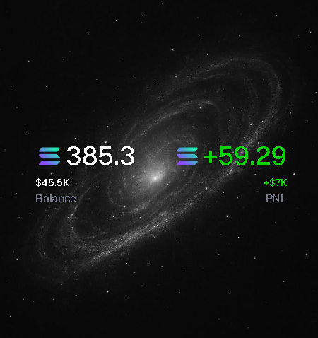 A crypto/forex profit tracker displaying a balance of $45.5K and PNL of +$7K (+59.29), overlaid on an image of a galaxy with the Solana logo.