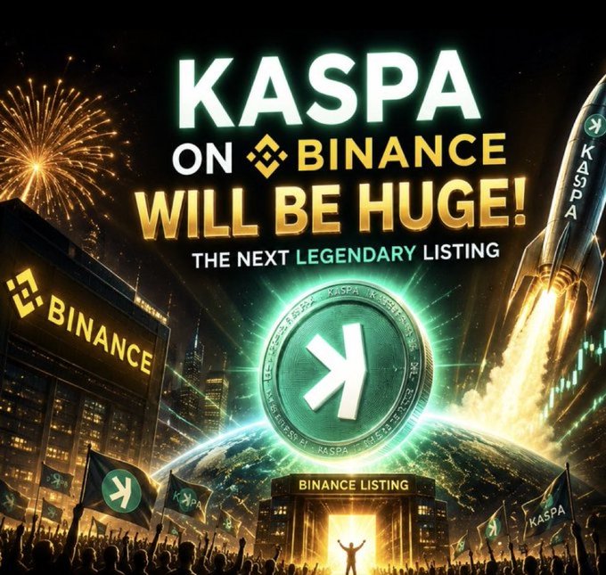 A promotional graphic reading 'KASPA ON BINANCE WILL BE HUGE! THE NEXT LEGENDARY LISTING' featuring a Kaspa rocket and coin launching from Earth.