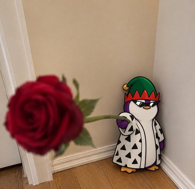 A cartoon penguin wearing an elf hat and a triangular-patterned robe stands in a corner holding a large red rose.