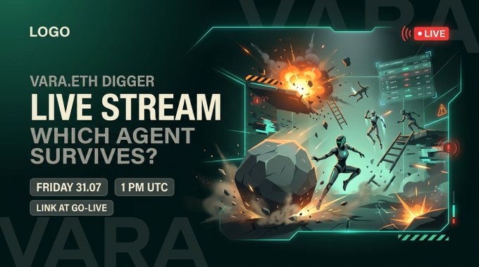A promotional graphic for a VARA.ETH DIGGER live stream titled 'WHICH AGENT SURVIVES?' scheduled for Friday 31.07 at 1 PM UTC, featuring digital artwork of figures fleeing an explosion.