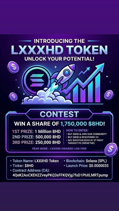 Promotional poster for the LXXXHD TOKEN contest offering a share of 1,750,000 $8HD, with token details including ticker $8HD on Solana blockchain.