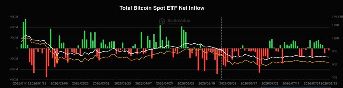 A chart titled "Total Bitcoin Spot ETF Net Inflow" (sourced from SoSoValue) displays daily net inflows and outflows from late May through early August 2026, with green bars representing positive inflows and red bars representing outflows ranging from -600M to 900M. The visualization supports the post's observation: heavy red outflows dominate May and June, but beginning in early July, the bars shift to more neutral and frequently green readings—indicating selling pressure has eased rather than reversed, consistent with the note that total holdings remain near their lows.