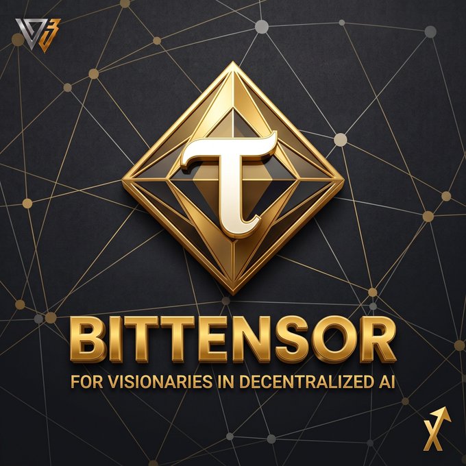 A digital promotional graphic features a luxurious black background with gold geometric network lines and nodes, centered on a prominent golden diamond-shaped emblem containing a stylized "T" logo for Bittensor, with the text "BITTENSOR" in bold gold lettering and the tagline "FOR VISIONARIES IN DECENTRALIZED AI" beneath it, directly illustrating the post's mention of Tao and its subnet tokens in the context of decentralized AI as an alternative investment angle to Nvidia's AGI narrative.