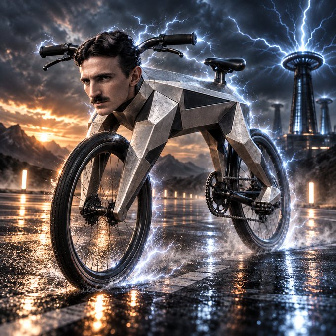 A surreal digital artwork depicts a man with a mustache whose body is fused with a futuristic metallic bicycle, standing on a wet surface amid dramatic lightning and a stormy sky, with tower-like structures in the background.