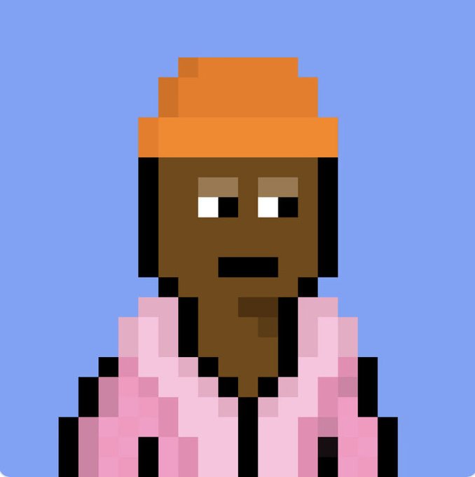 Pixel-art portrait of a figure with brown skin, half-closed eyes, a beard, an orange beanie, and a pink shirt against a solid blue background.