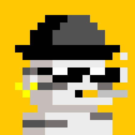 A pixel art portrait of a character wearing a black fedora and dark sunglasses, smoking a cigarette, set against a yellow background.